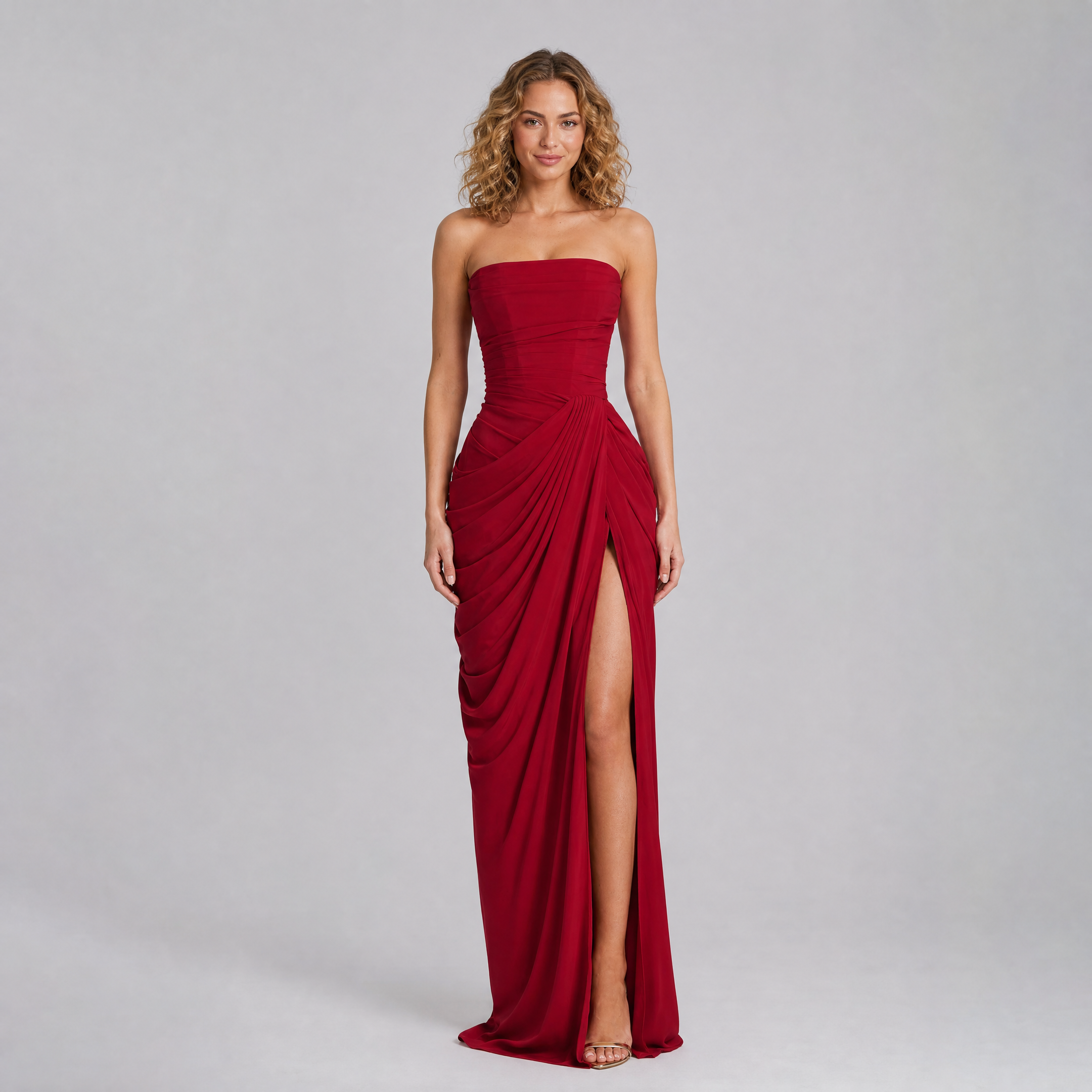 Women's Strapless Draped Maxi Dress – Formal Gala Dress