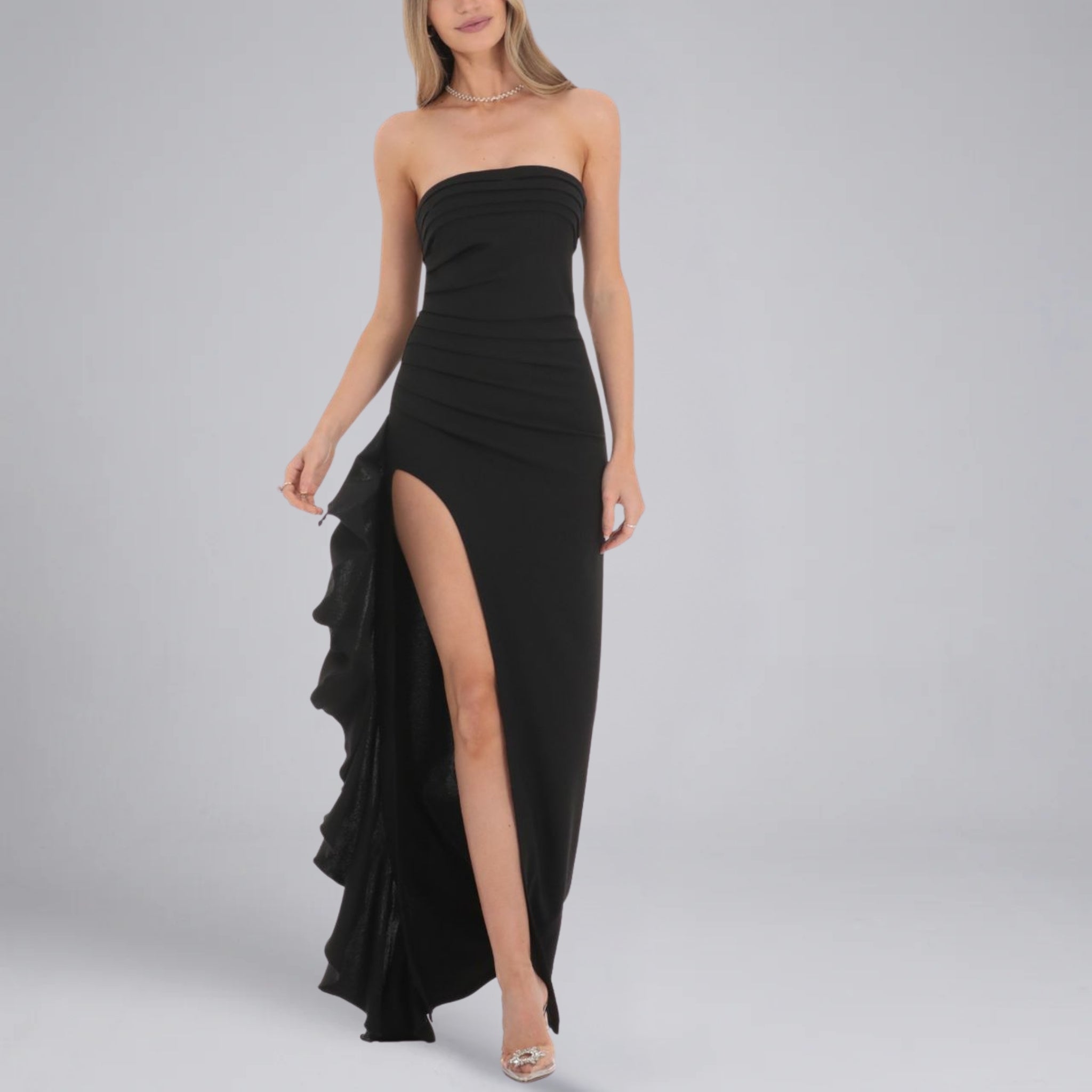 Women’s Strapless Ruched High-Slit Ruffle Maxi Dress