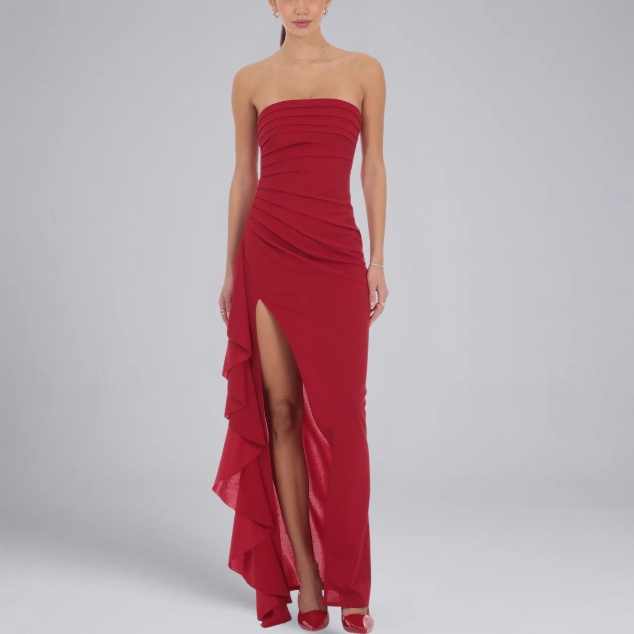 Women’s Strapless Ruched High-Slit Ruffle Maxi Dress