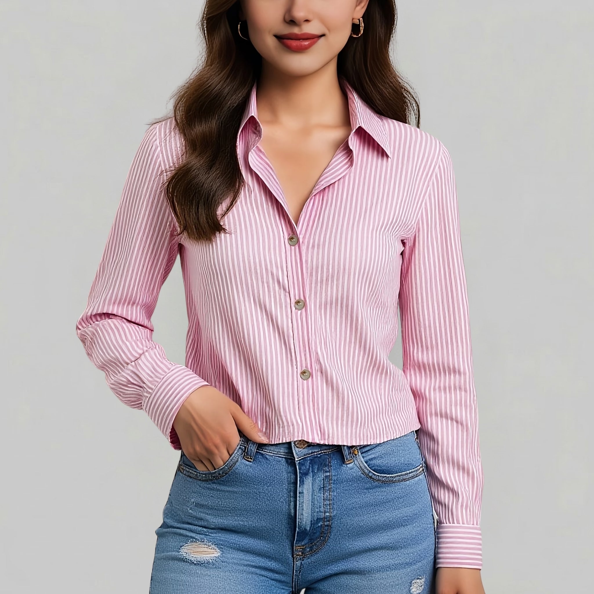 Women’s Striped Button-Down Shirt with Point Collar and Curved Hem