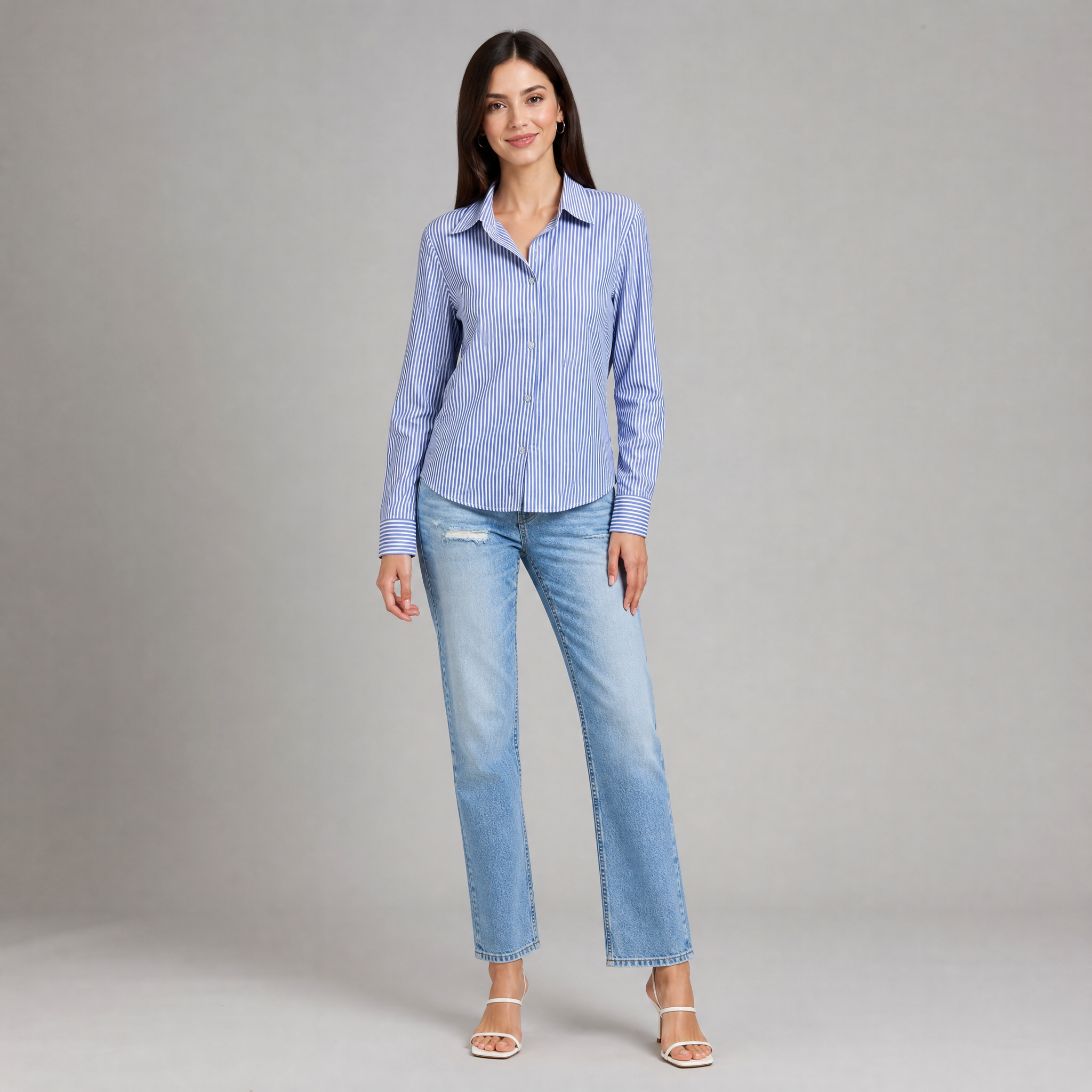 Women’s Striped Button-Down Shirt with Point Collar and Curved Hem