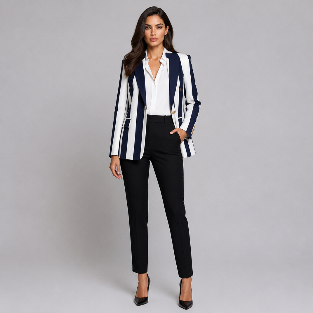Women's Striped Crepe Tailored Single-Breasted Smart Blazer