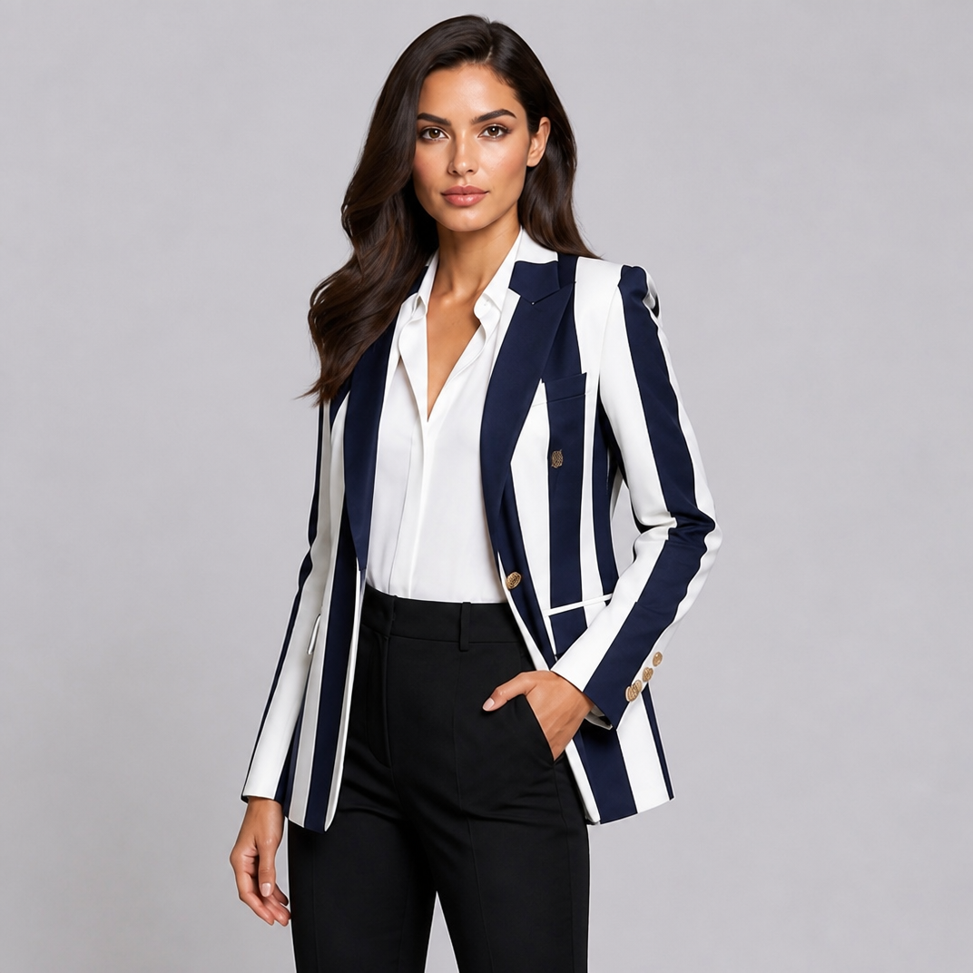 Women's Striped Crepe Tailored Single-Breasted Smart Blazer
