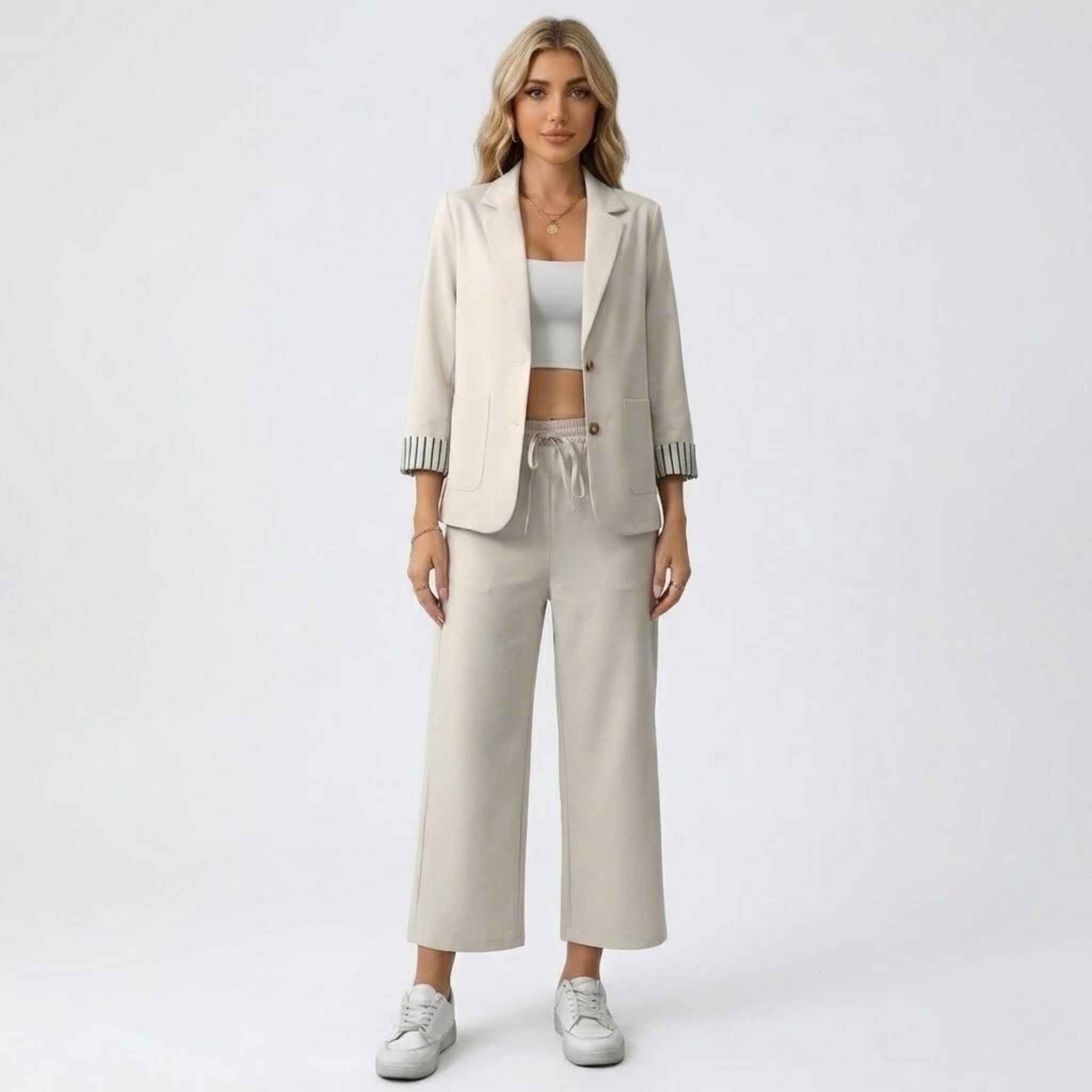 Women’s Striped-Cuff Blazer & Drawstring Trouser Set