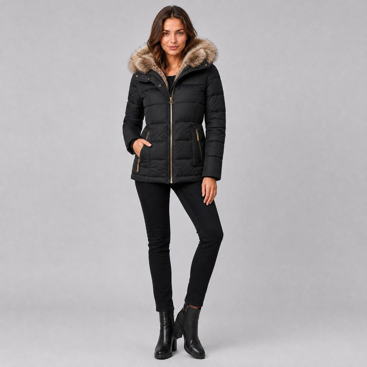 Women's Synthetic Faux Fur Hooded Parka Jacket Tailored Fit