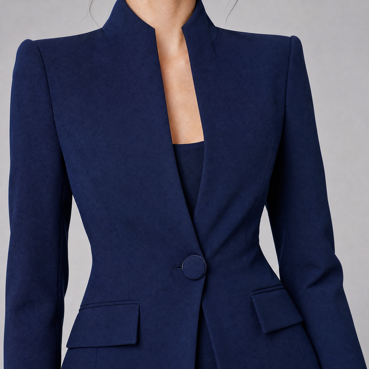 Women's Tailored Mandarin Collar Blazer and Wide Leg Trousers Set