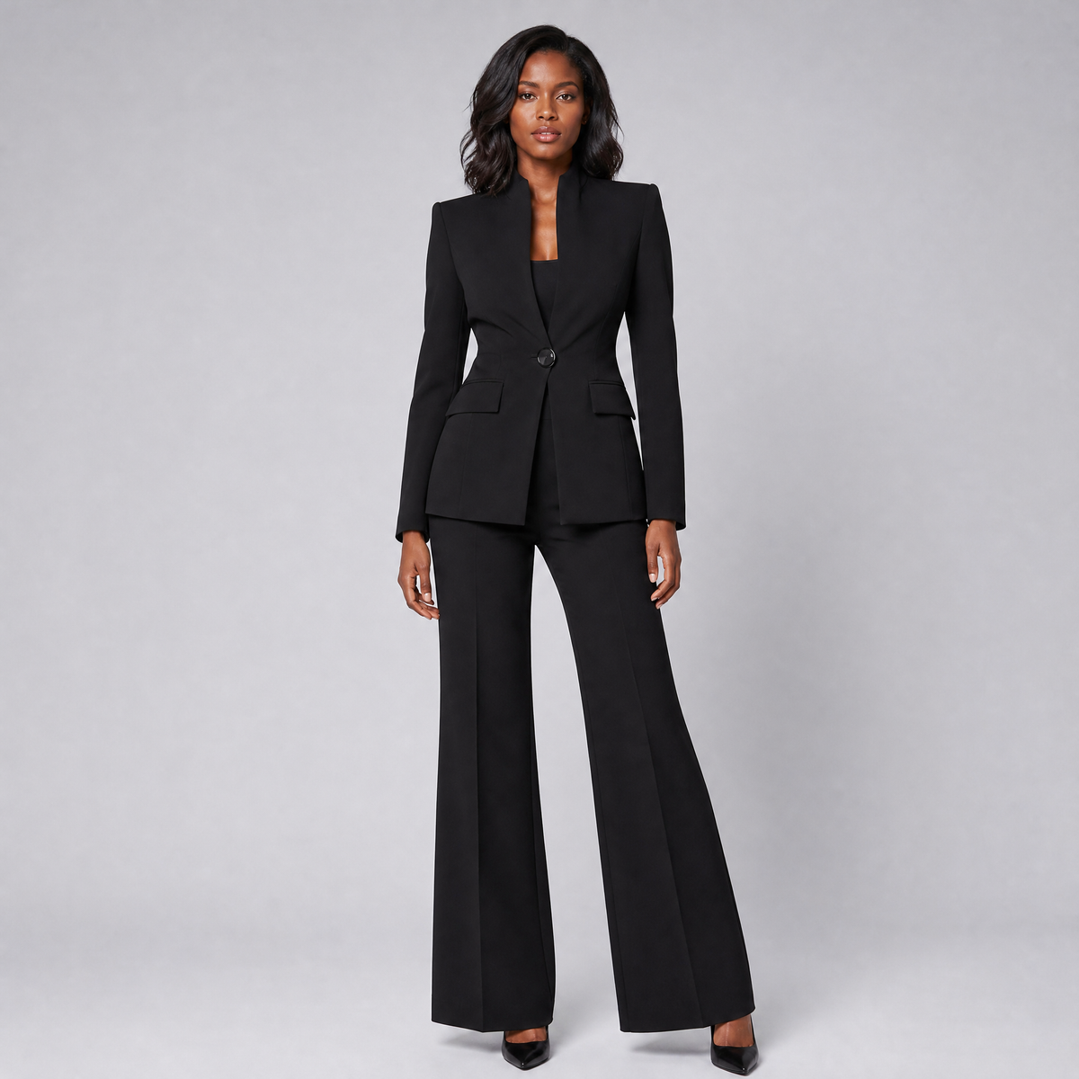 Women's Tailored Mandarin Collar Blazer and Wide Leg Trousers Set