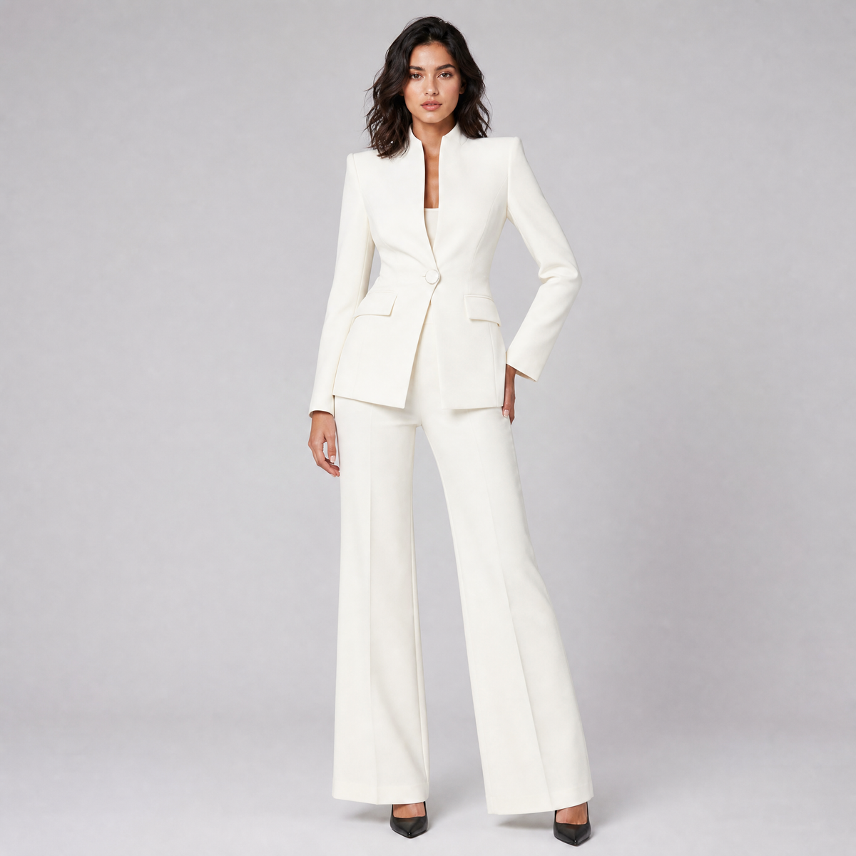 Women's Tailored Mandarin Collar Blazer and Wide Leg Trousers Set