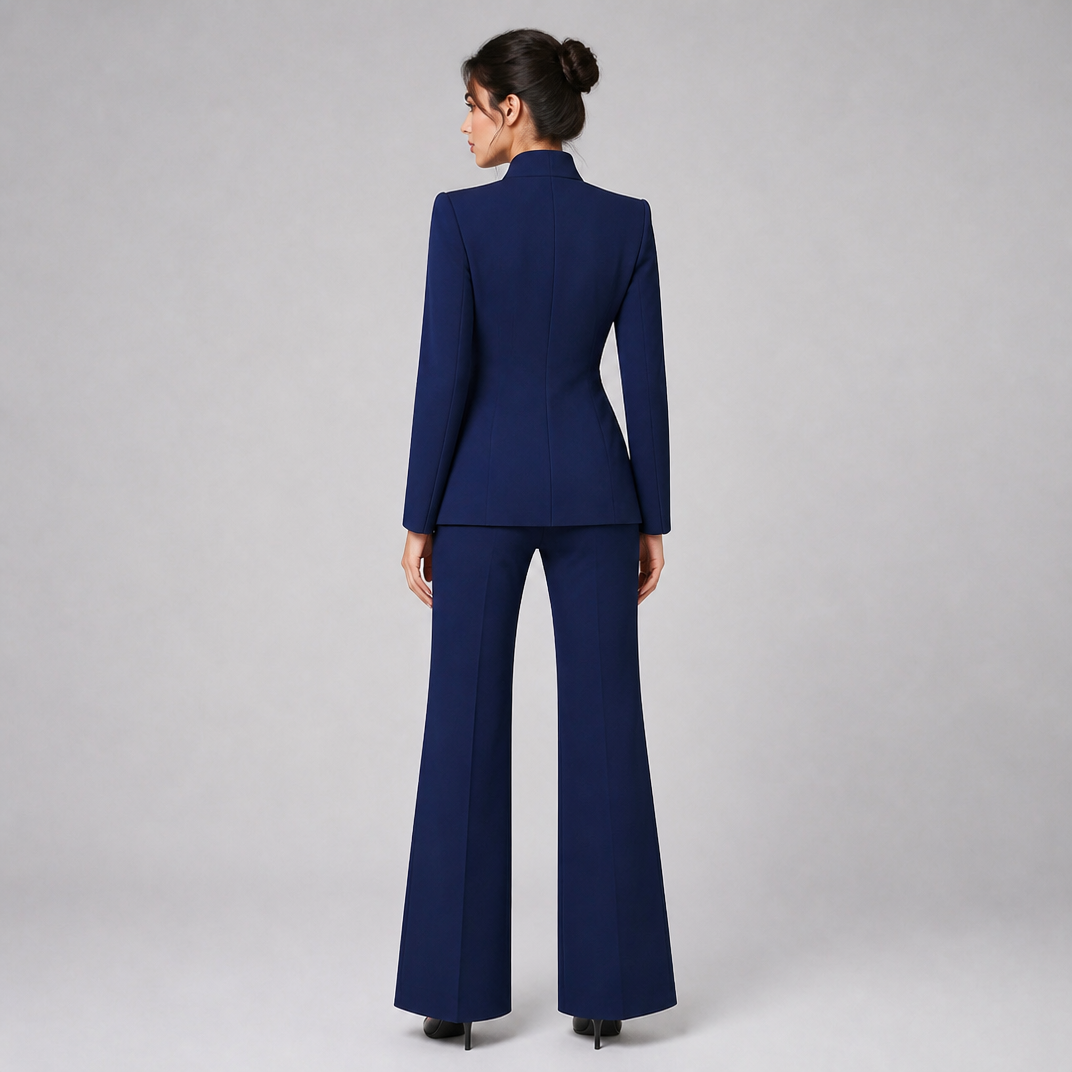 Women's Tailored Mandarin Collar Blazer and Wide Leg Trousers Set