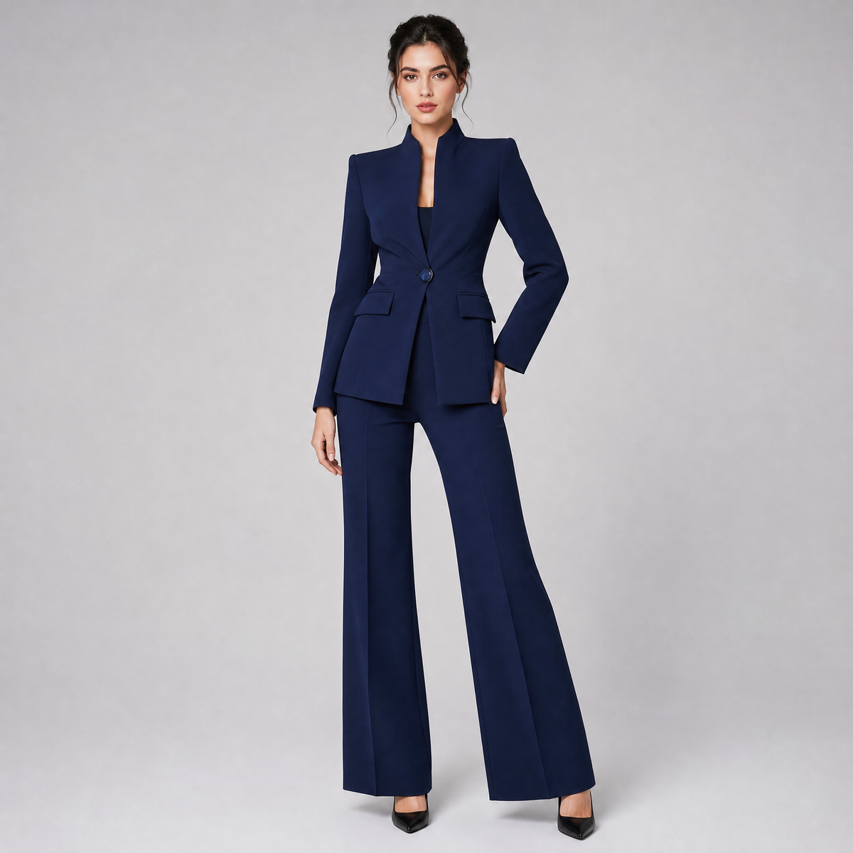 Women's Tailored Mandarin Collar Blazer and Wide Leg Trousers Set