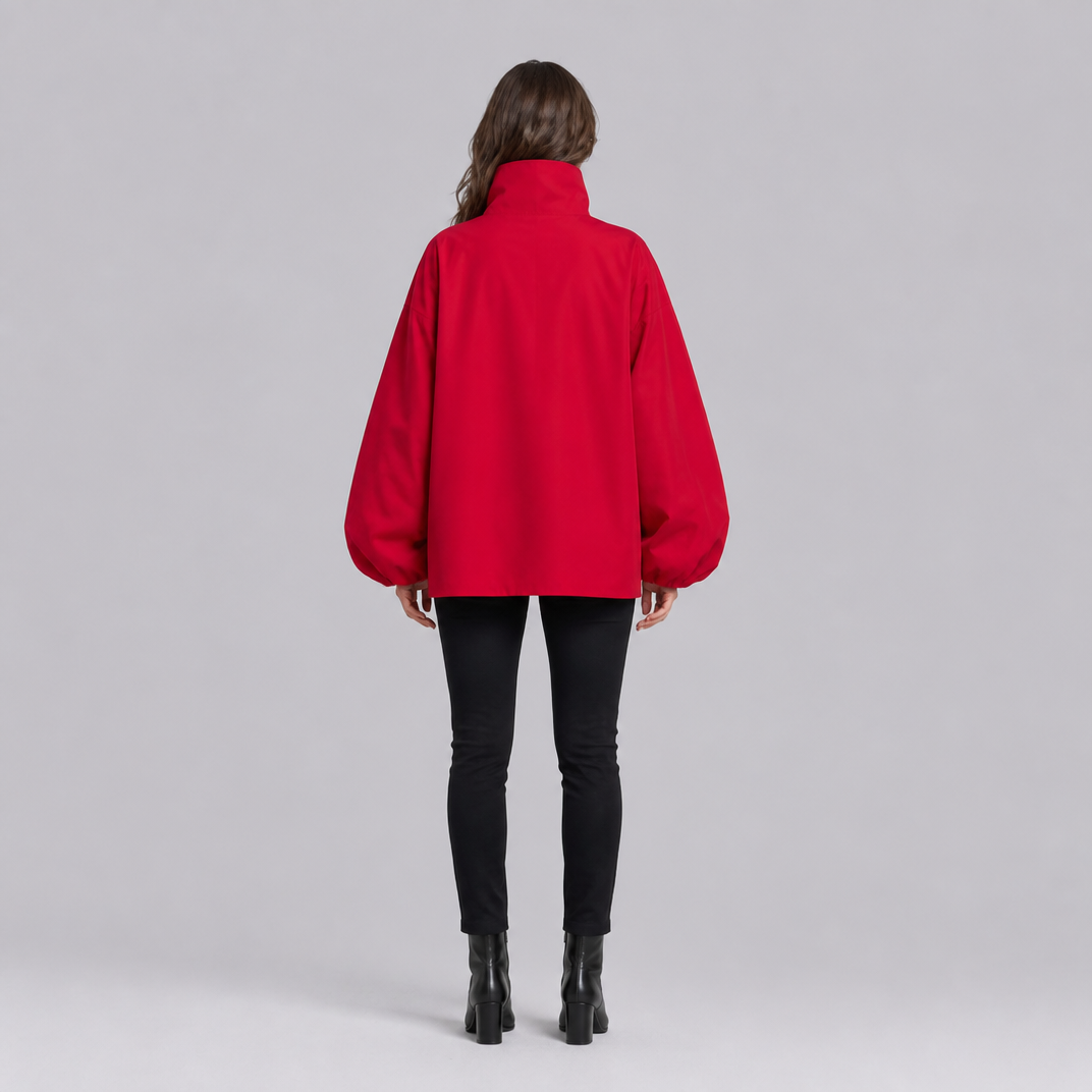 Women's Technical Fabric Red High Neck Balloon Sleeve Jacket Relaxed Fit