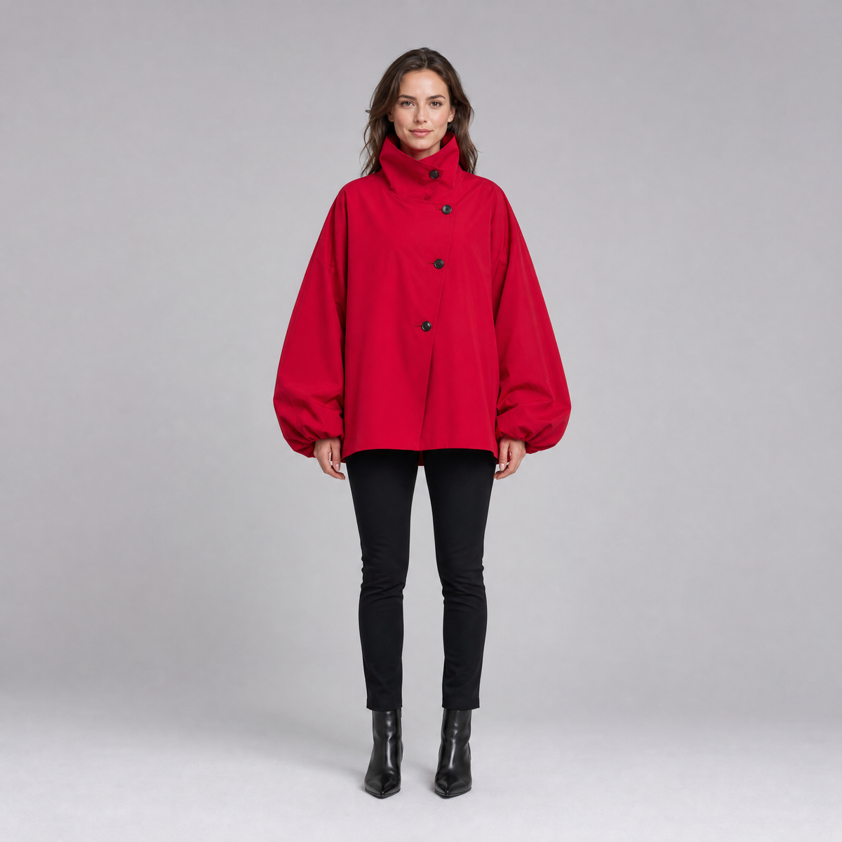 Women's Technical Fabric Red High Neck Balloon Sleeve Jacket Relaxed Fit