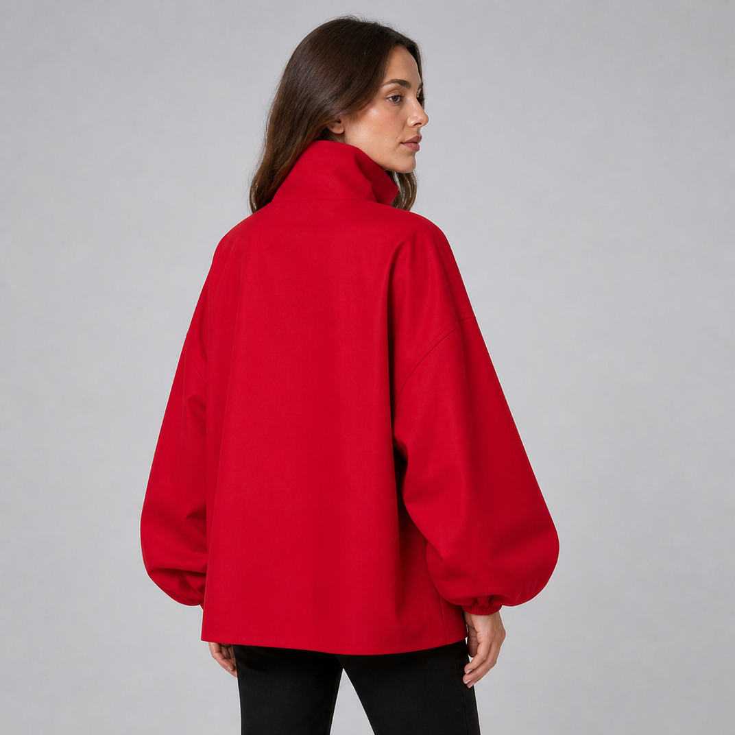 Women's Technical Fabric Red High Neck Balloon Sleeve Jacket Relaxed Fit