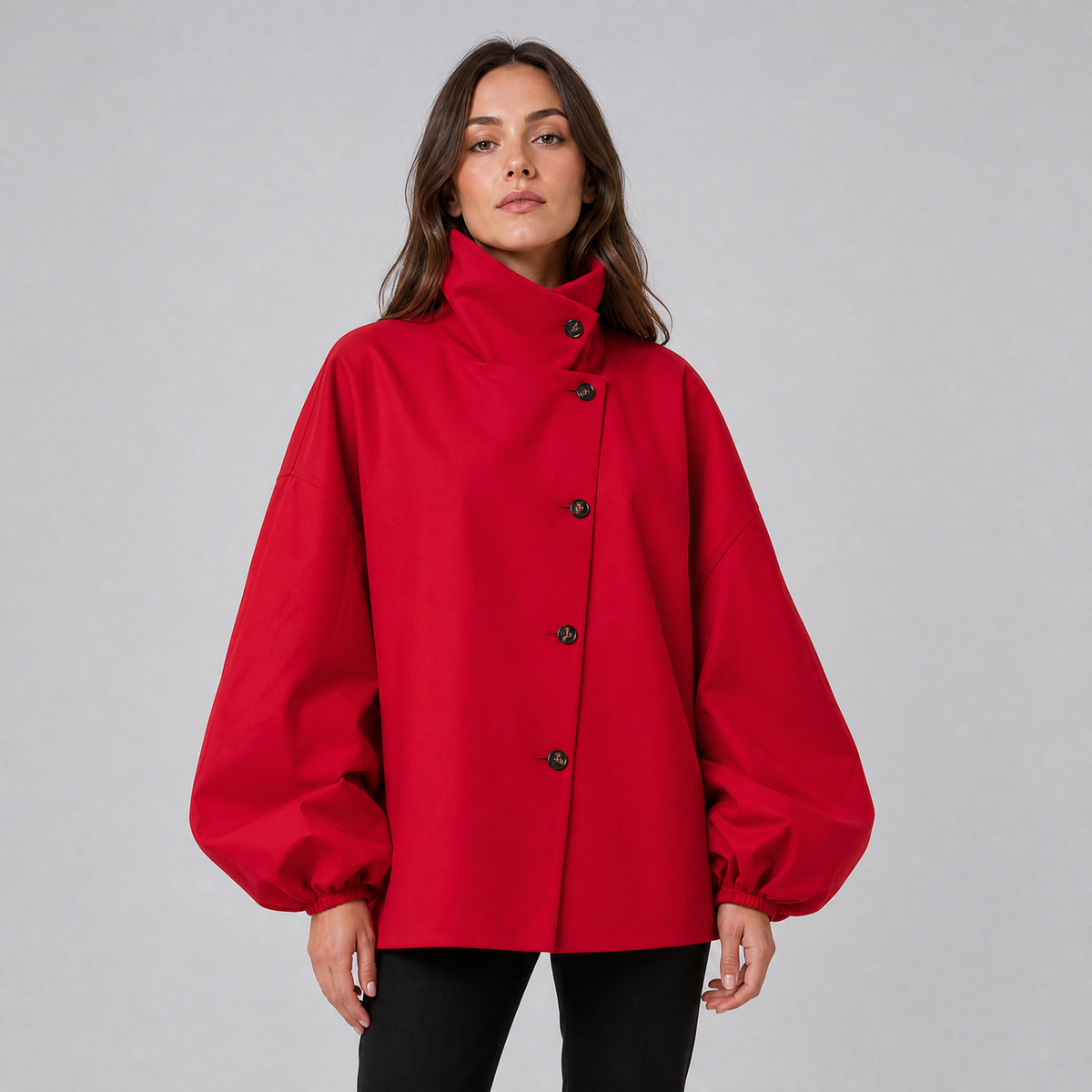 Women's Technical Fabric Red High Neck Balloon Sleeve Jacket Relaxed Fit