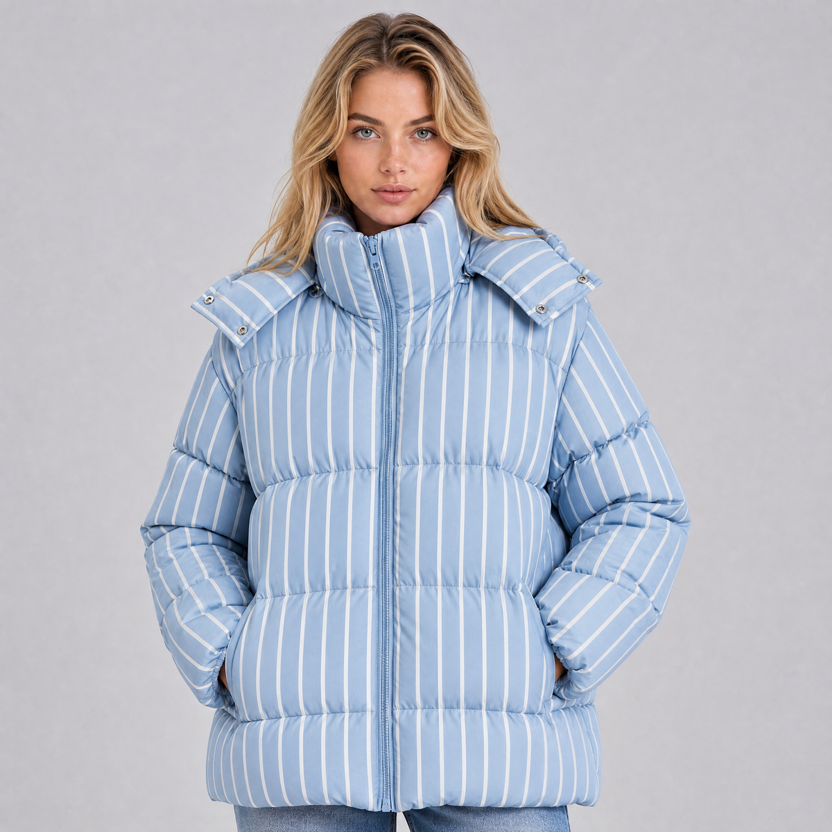 Women's Technical Striped Puffer Jacket Relaxed Fit