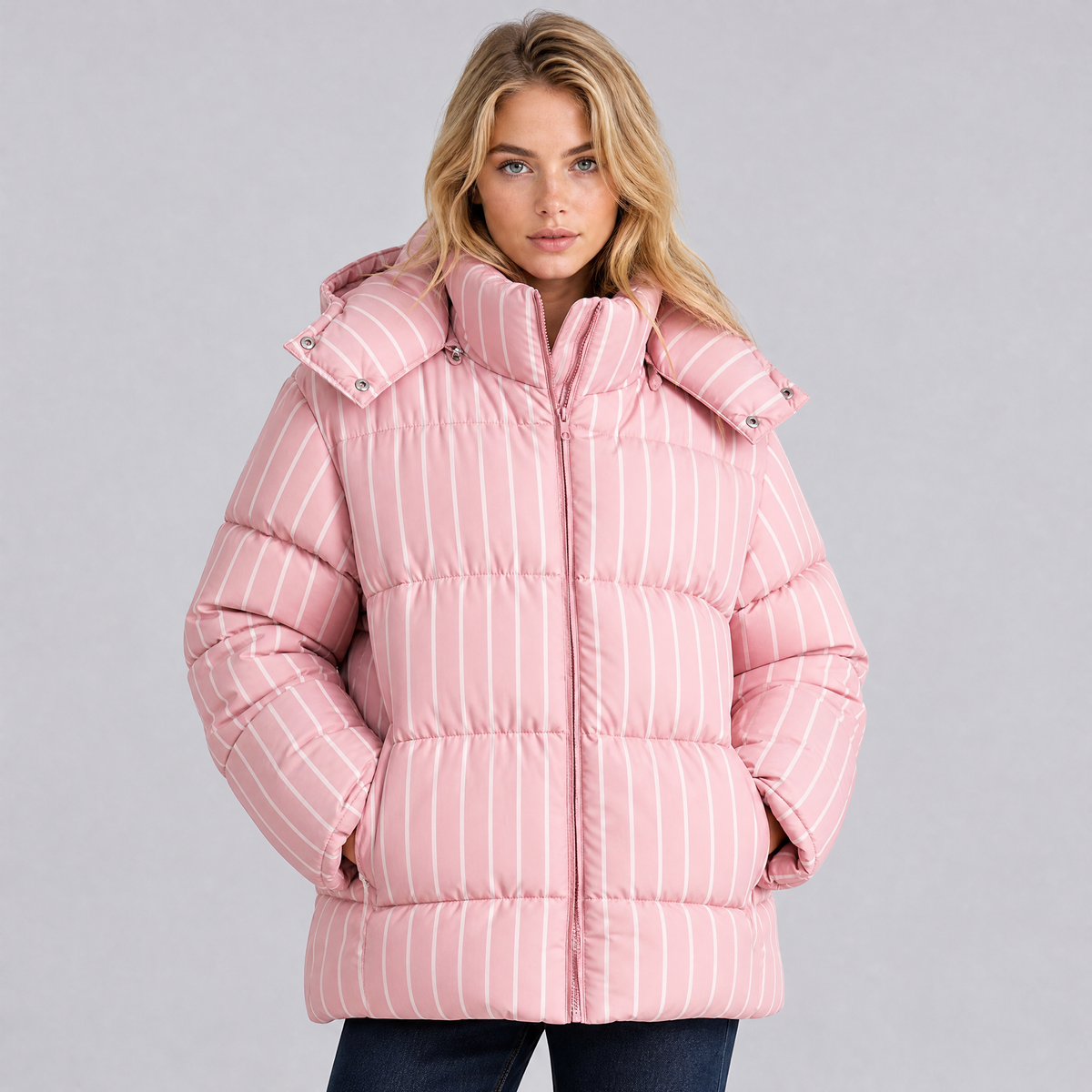 Women's Technical Striped Puffer Jacket Relaxed Fit