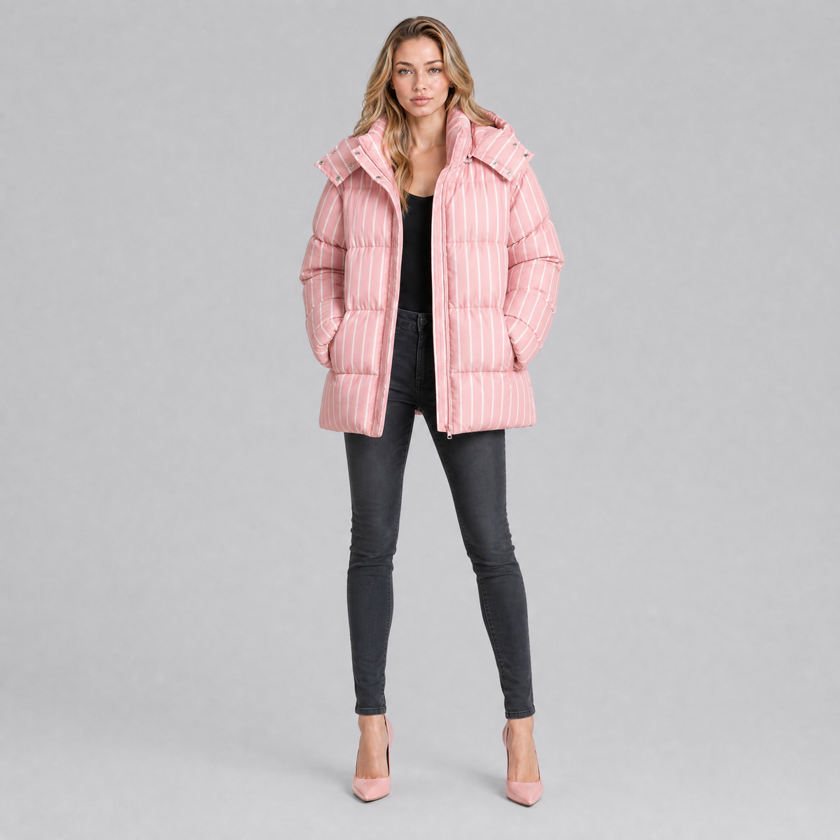Women's Technical Striped Puffer Jacket Relaxed Fit
