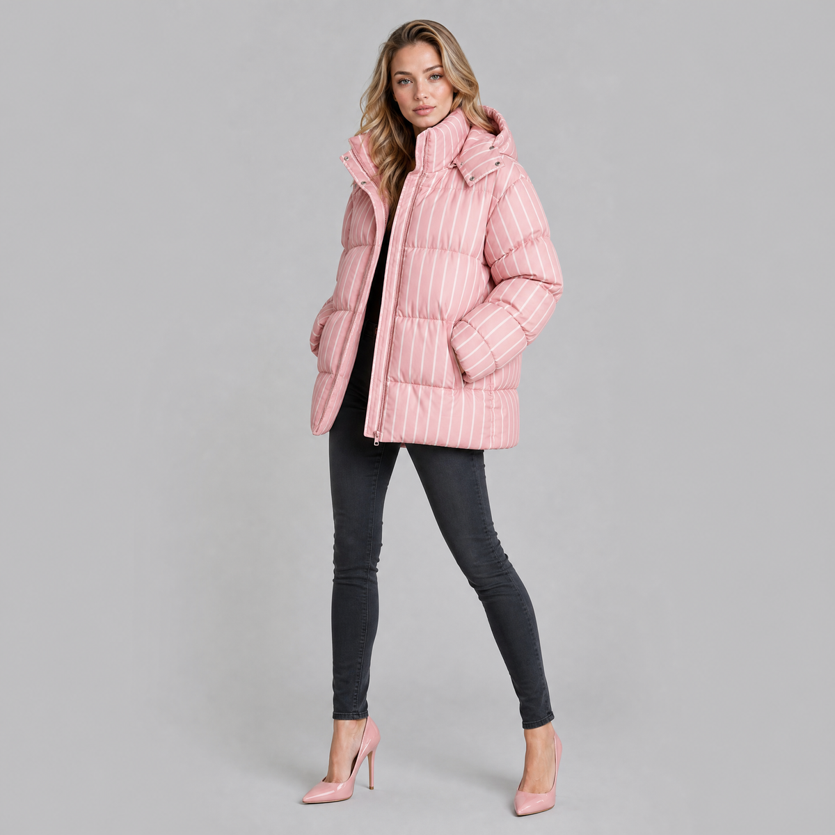 Women's Technical Striped Puffer Jacket Relaxed Fit