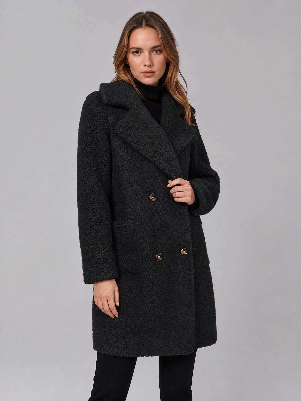 Women's Teddy Fleece Double Breasted Overcoat Tailored Fit