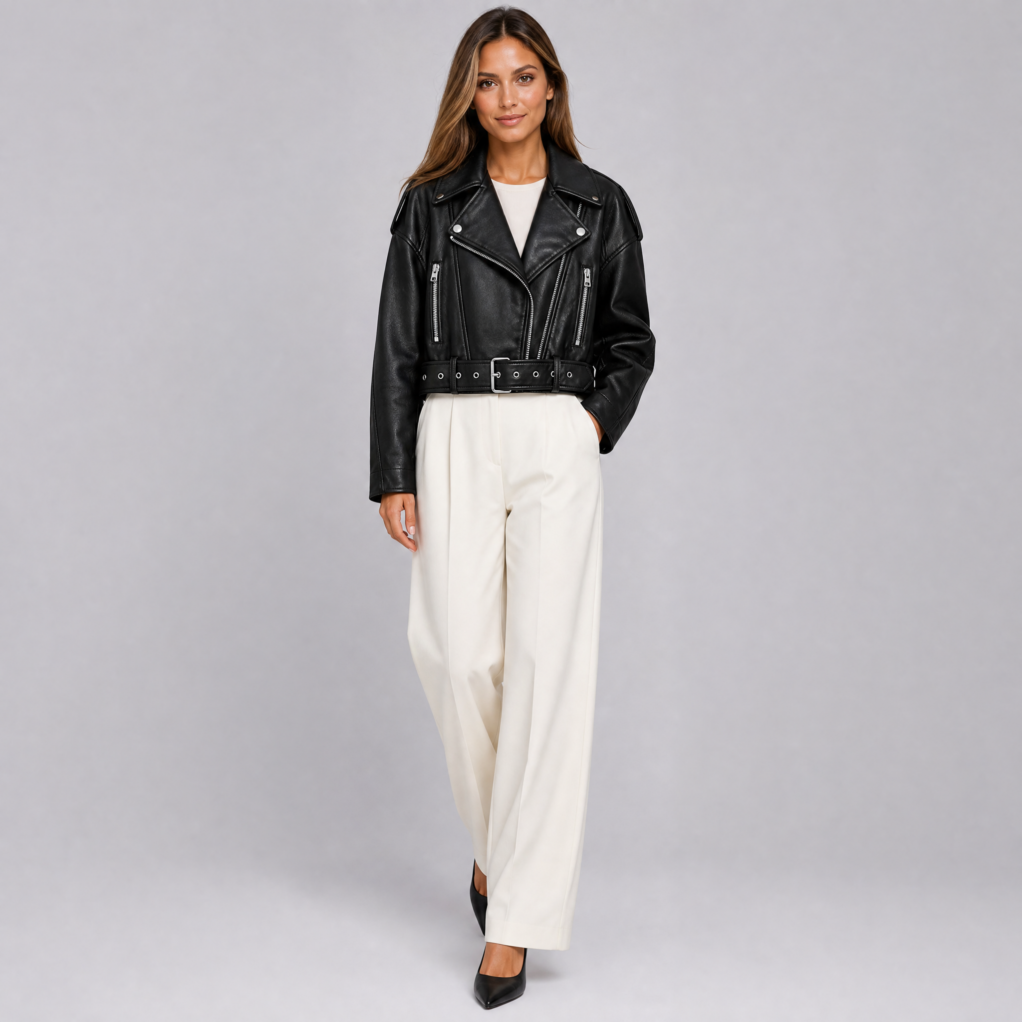 Women’s Textured Asymmetrical Spring Jacket with Belted Hem