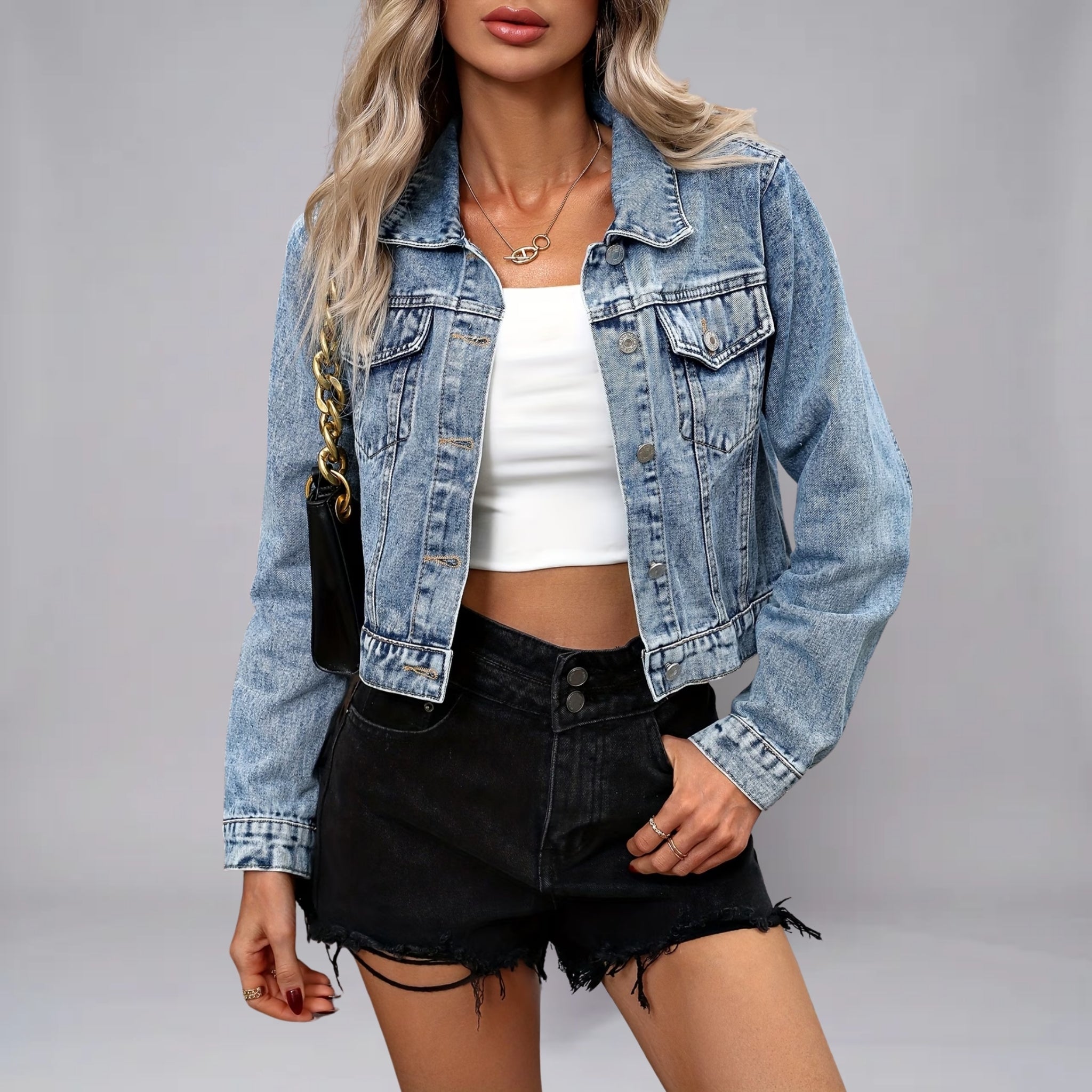 Women’s Textured Denim Spring Jacket with Metal Buttons