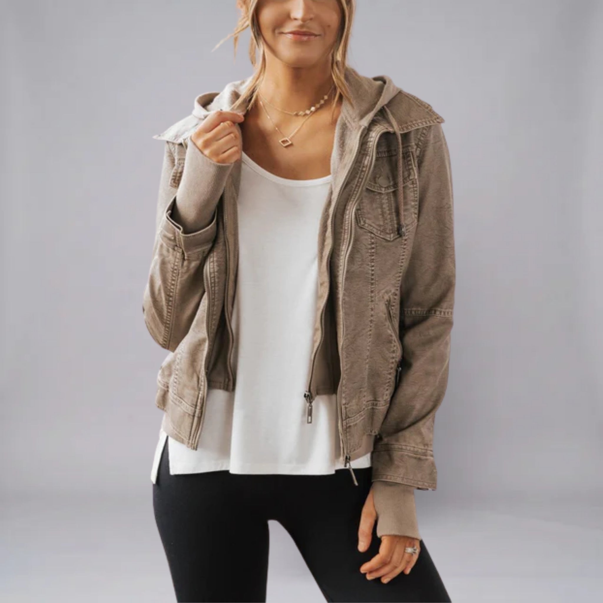 Women’s Textured Hooded Vegan Leather Spring Jacket