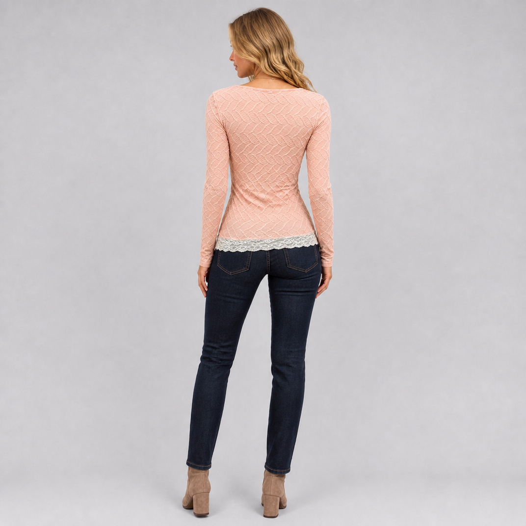 Women's Textured Knit Lace Trim Square Neck Long Sleeve Top