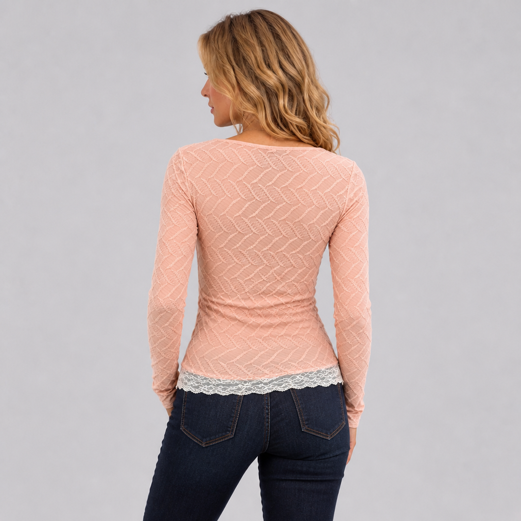 Women's Textured Knit Lace Trim Square Neck Long Sleeve Top