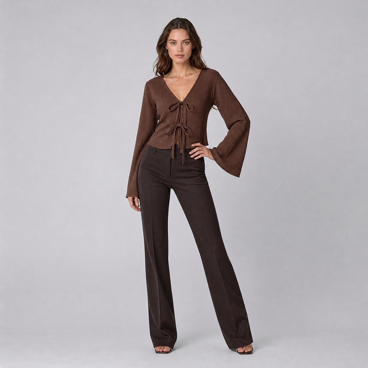 Women's Textured Knit V-Neck Front-Tie Flared Long-Sleeve Top
