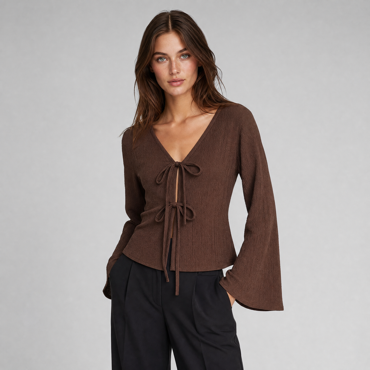 Women's Textured Knit V-Neck Front-Tie Flared Long-Sleeve Top