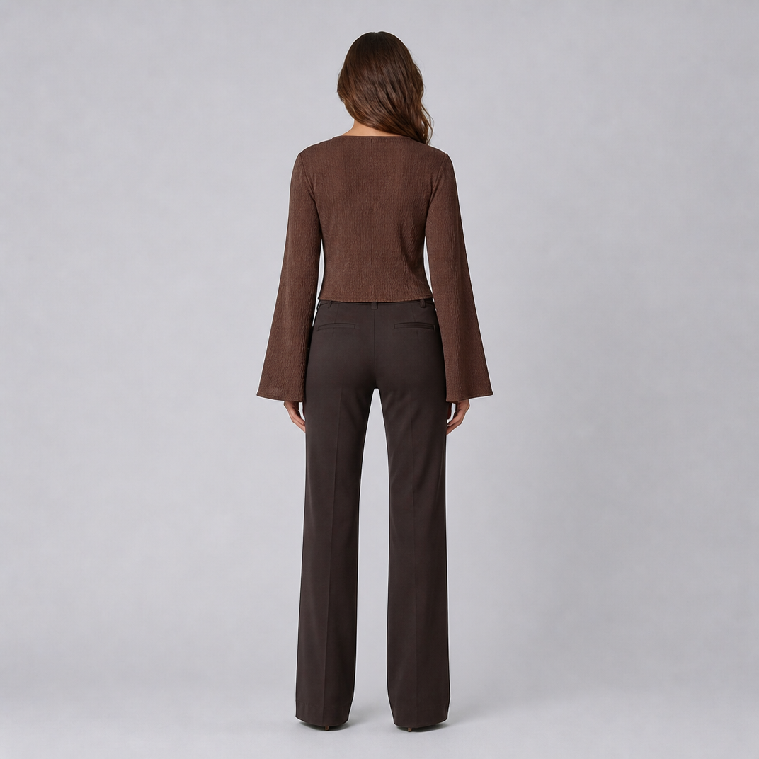 Women's Textured Knit V-Neck Front-Tie Flared Long-Sleeve Top