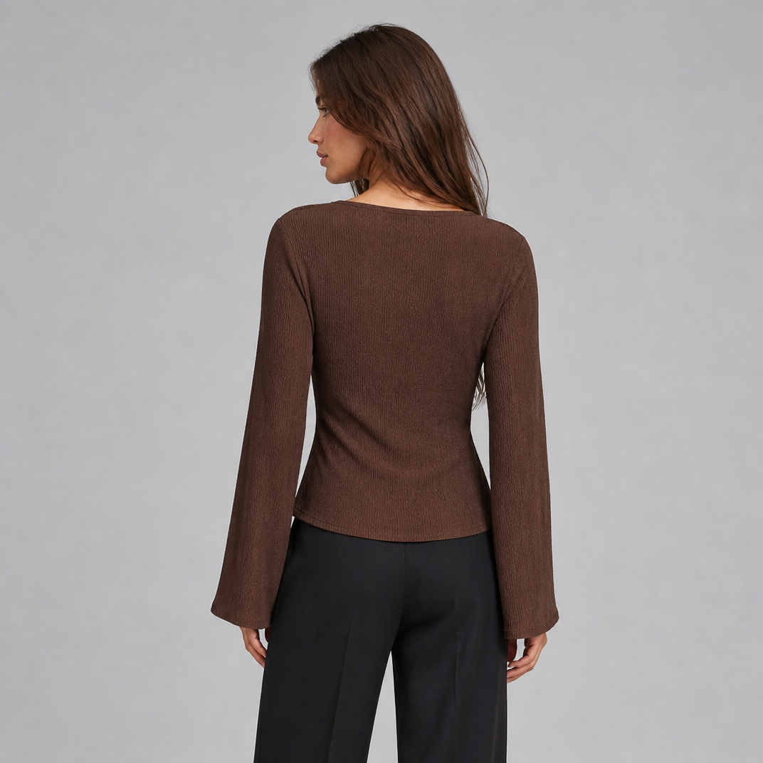 Women's Textured Knit V-Neck Front-Tie Flared Long-Sleeve Top