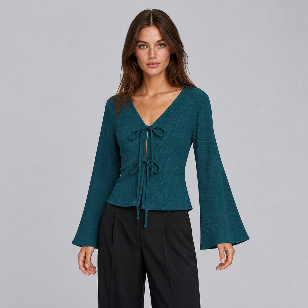 Women's Textured Knit V-Neck Front-Tie Flared Long-Sleeve Top