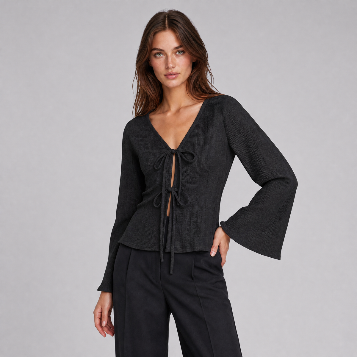 Women's Textured Knit V-Neck Front-Tie Flared Long-Sleeve Top