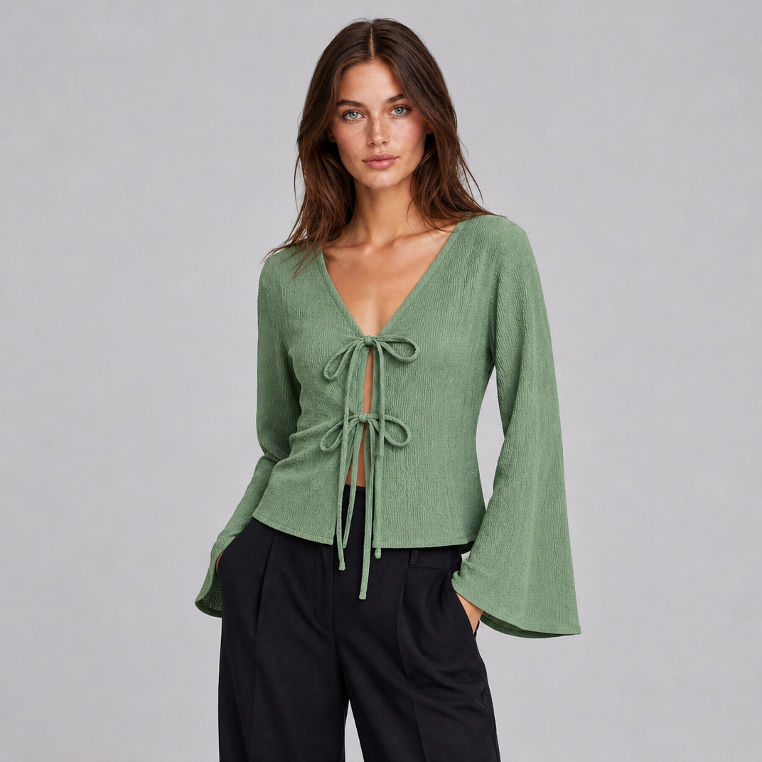 Women's Textured Knit V-Neck Front-Tie Flared Long-Sleeve Top