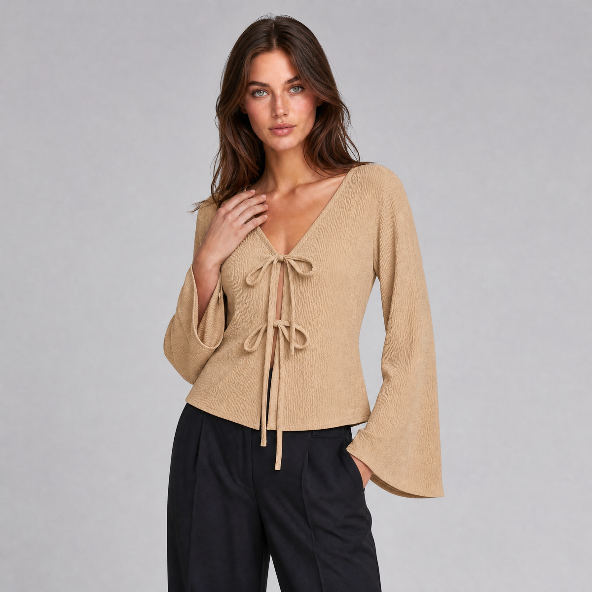 Women's Textured Knit V-Neck Front-Tie Flared Long-Sleeve Top