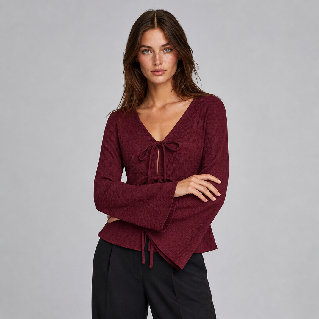 Women's Textured Knit V-Neck Front-Tie Flared Long-Sleeve Top