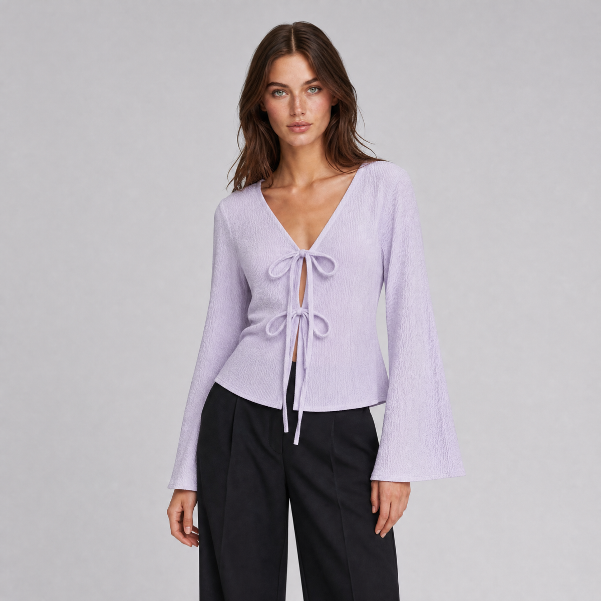Women's Textured Knit V-Neck Front-Tie Flared Long-Sleeve Top