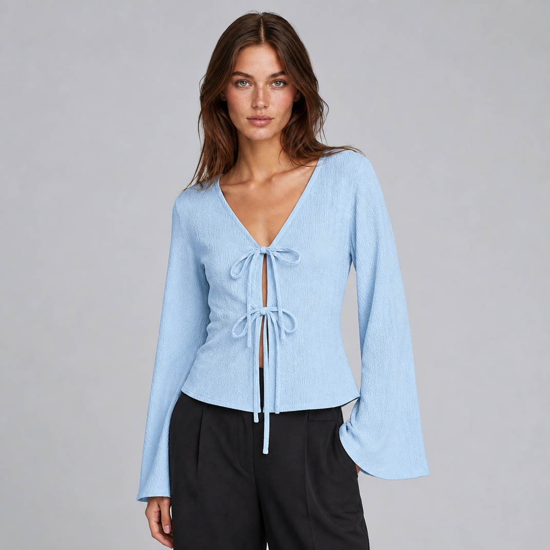 Women's Textured Knit V-Neck Front-Tie Flared Long-Sleeve Top