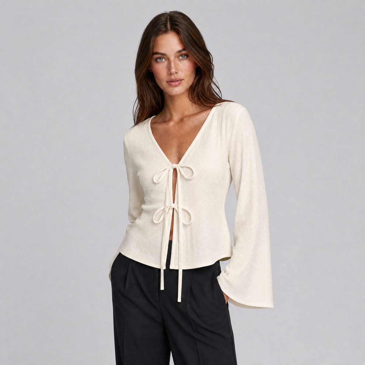 Women's Textured Knit V-Neck Front-Tie Flared Long-Sleeve Top