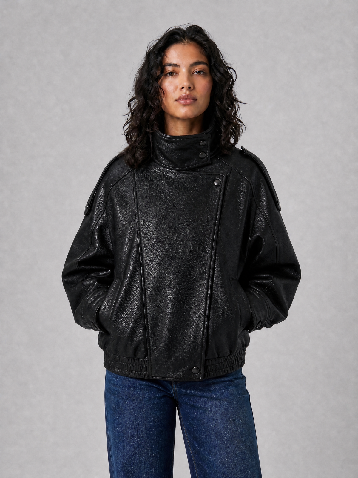 Women's Textured Leather Funnel Neck Bomber Coat Relaxed Fit