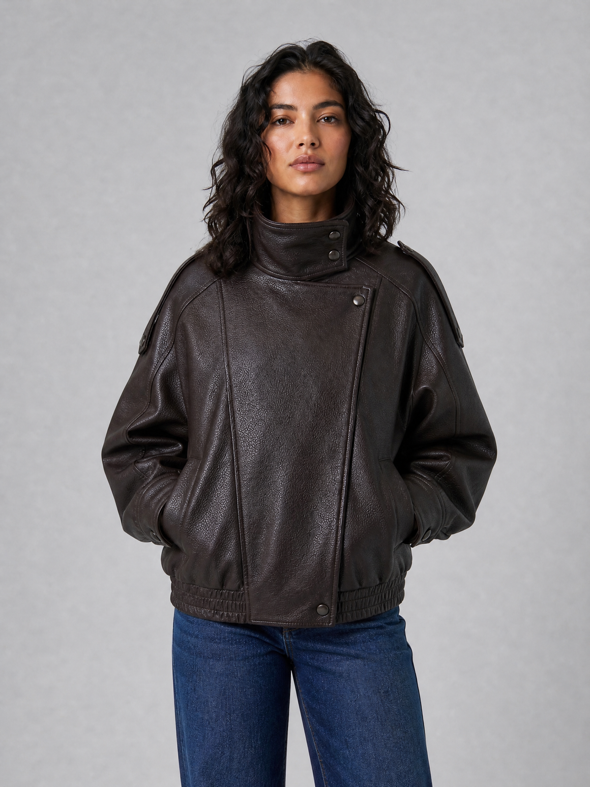 Women's Textured Leather Funnel Neck Bomber Coat Relaxed Fit