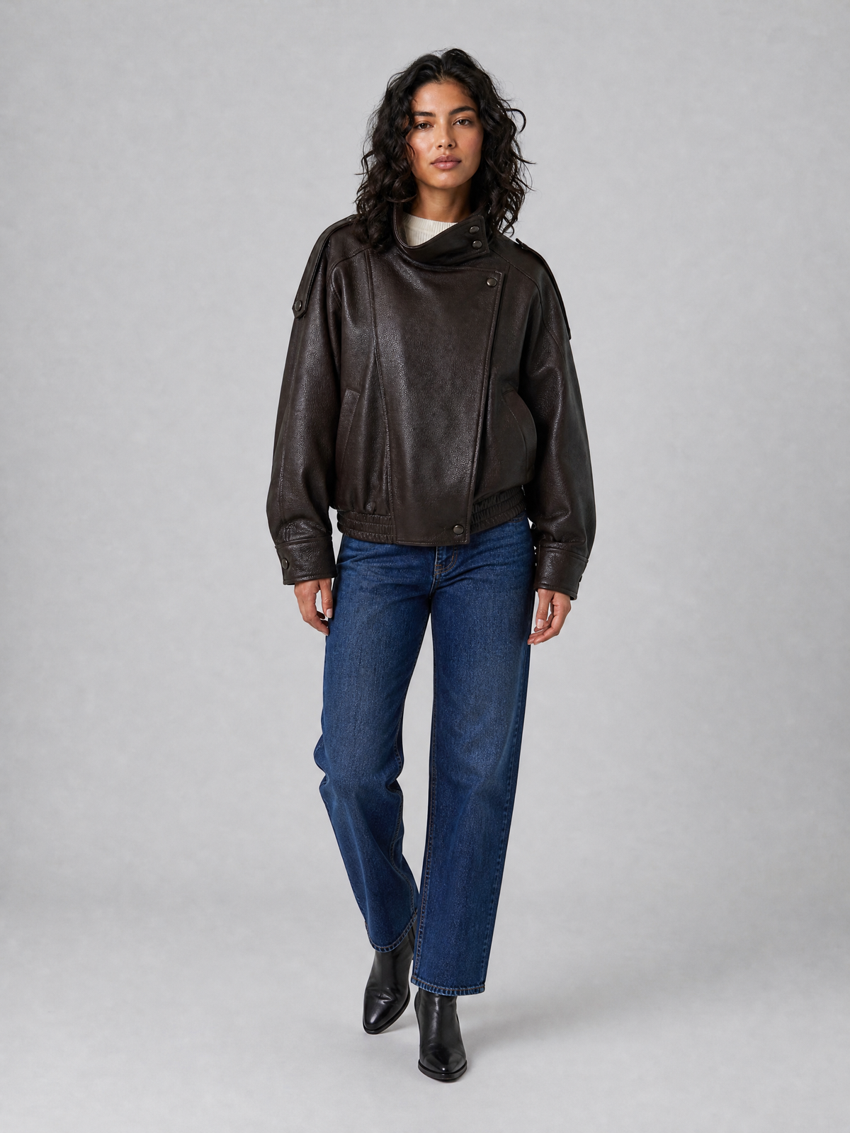 Women's Textured Leather Funnel Neck Bomber Coat Relaxed Fit