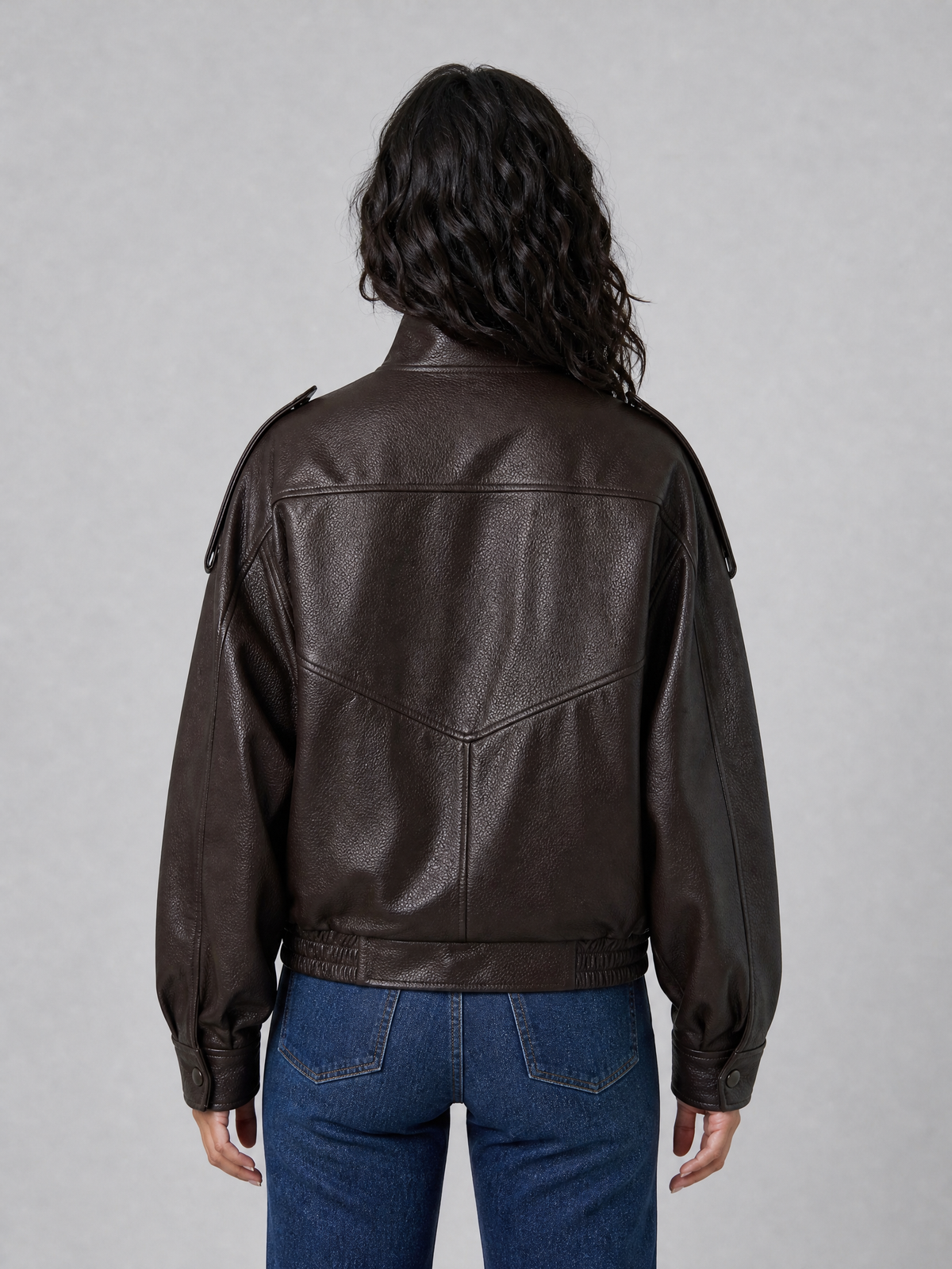Women's Textured Leather Funnel Neck Bomber Coat Relaxed Fit