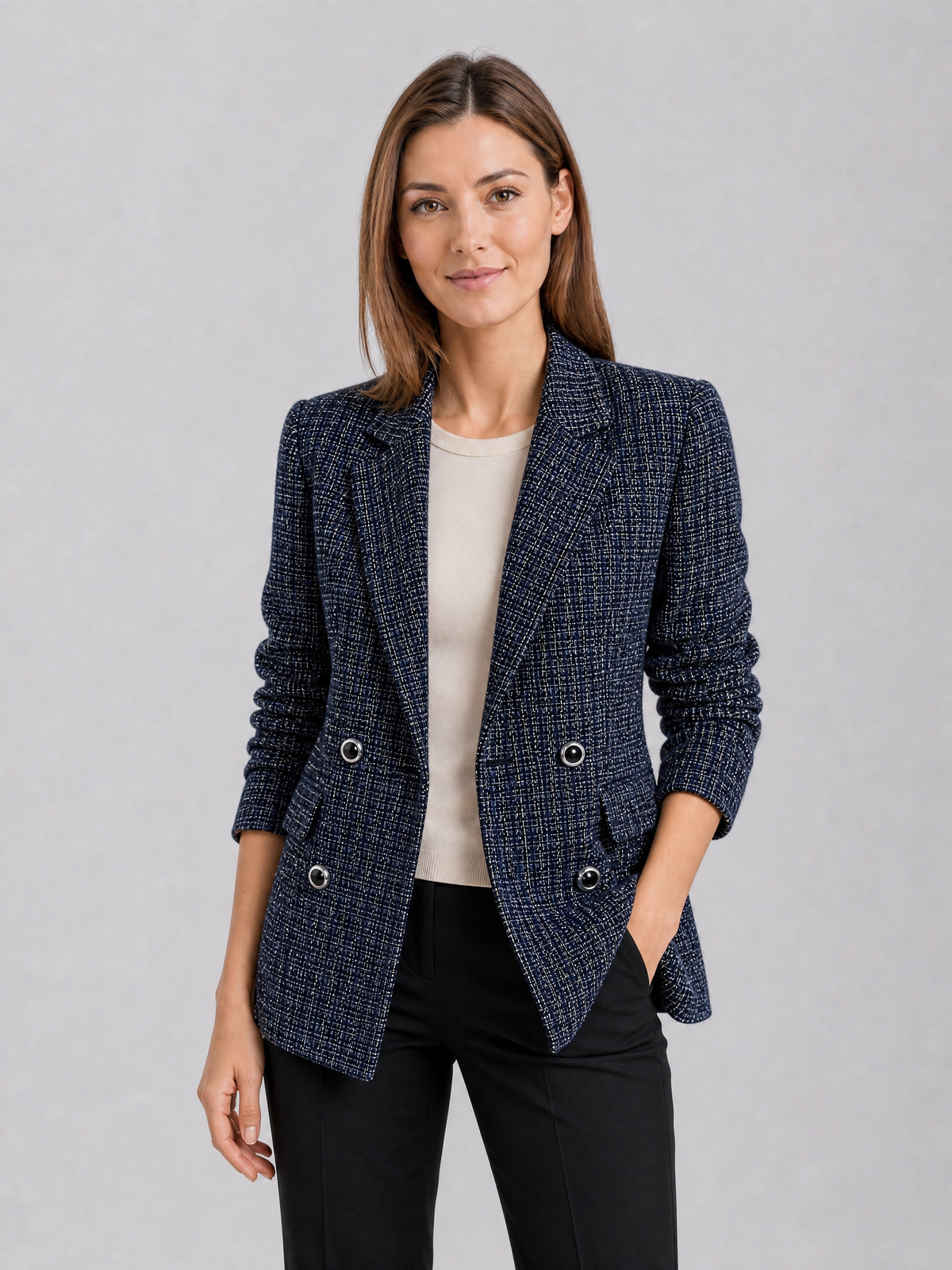 Women's Textured Tweed Tan Double Breasted Blazer Tailored Fit