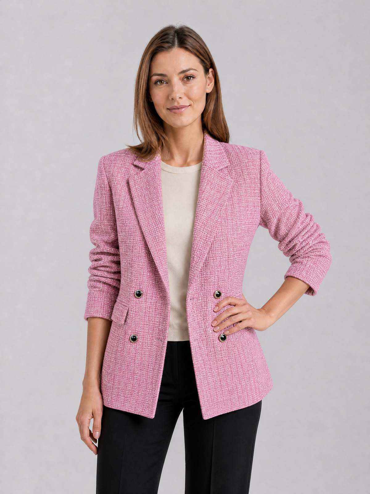 Women's Textured Tweed Tan Double Breasted Blazer Tailored Fit