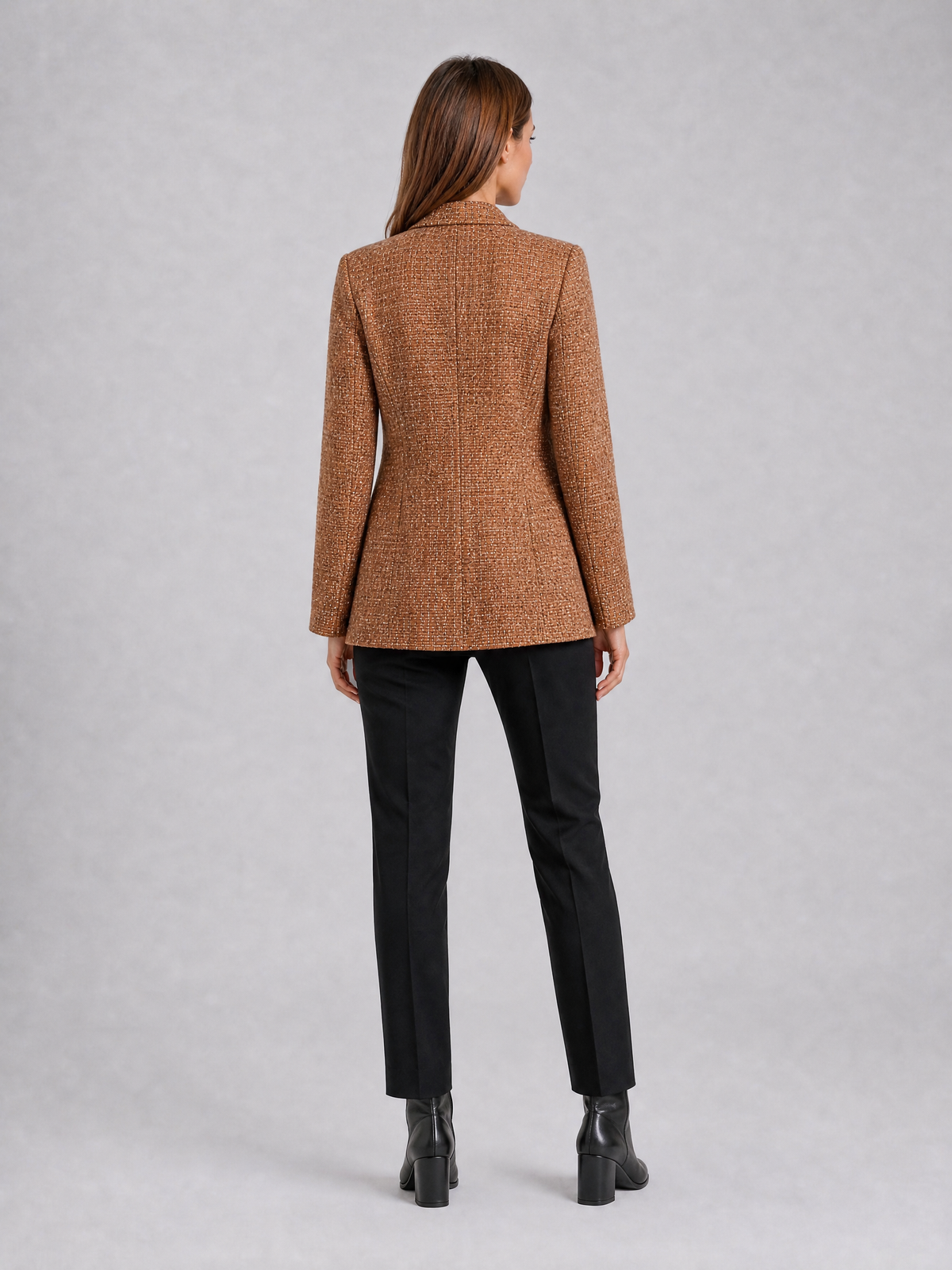 Women's Textured Tweed Tan Double Breasted Blazer Tailored Fit