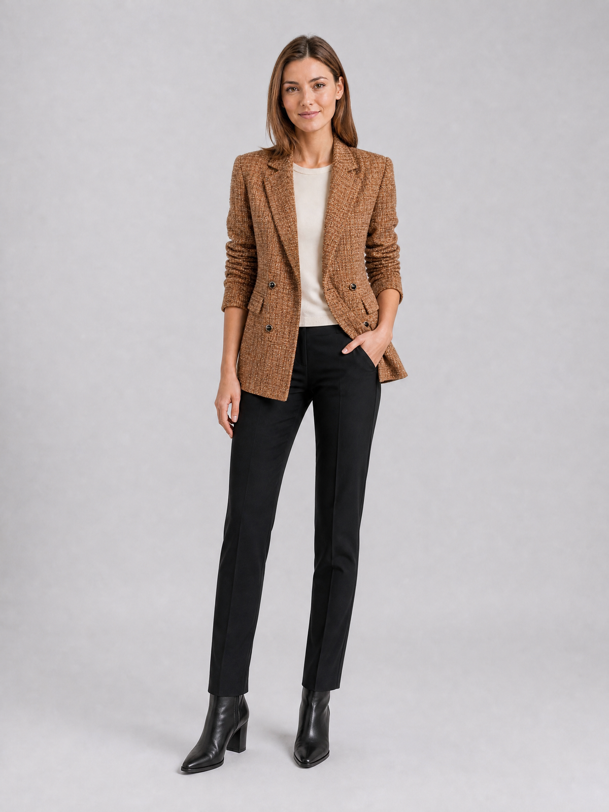 Women's Textured Tweed Tan Double Breasted Blazer Tailored Fit