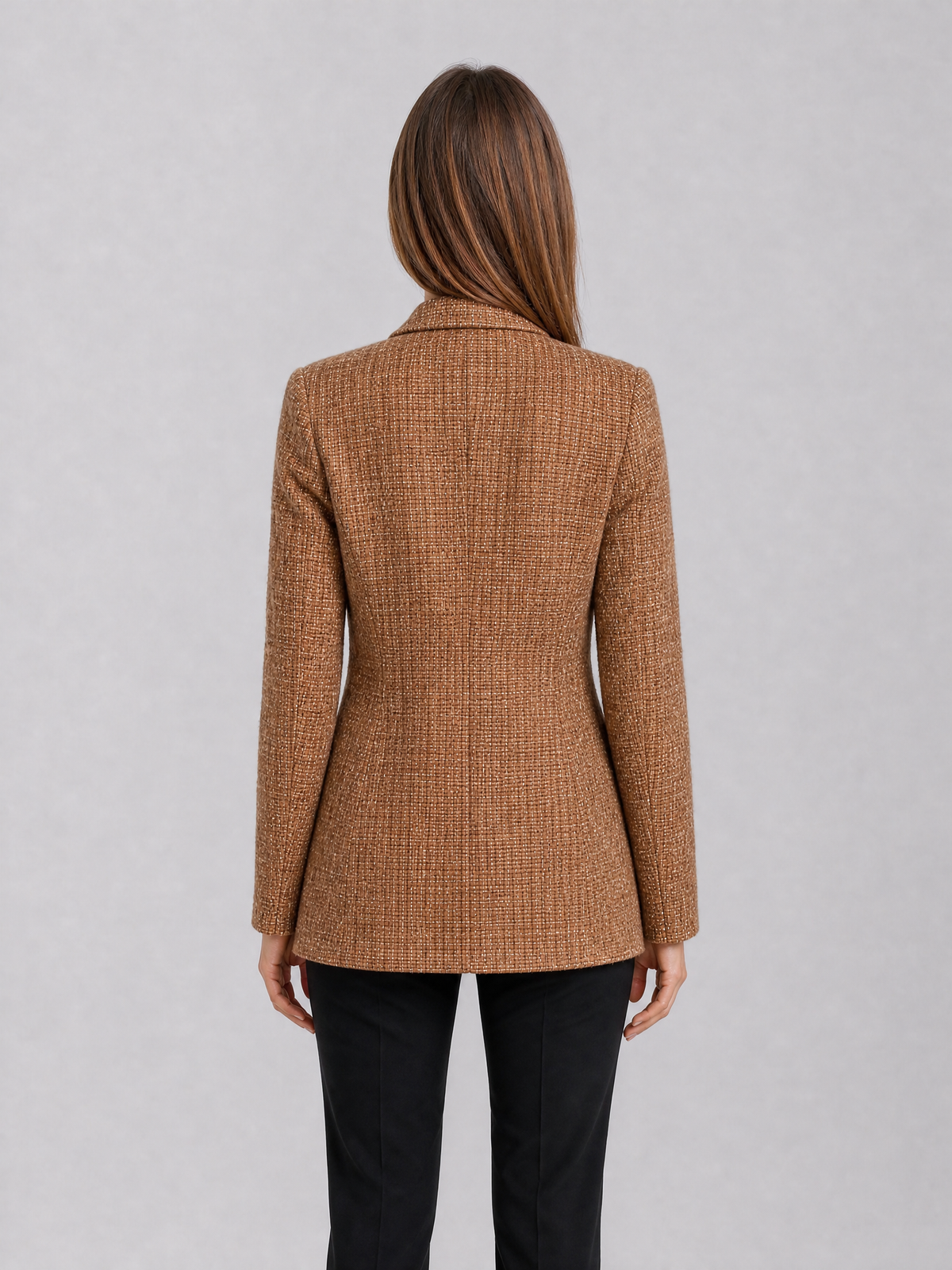 Women's Textured Tweed Tan Double Breasted Blazer Tailored Fit