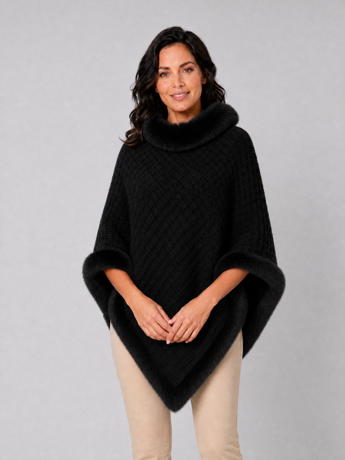 Women's Textured Wool Blend Relaxed Faux Fur Cape